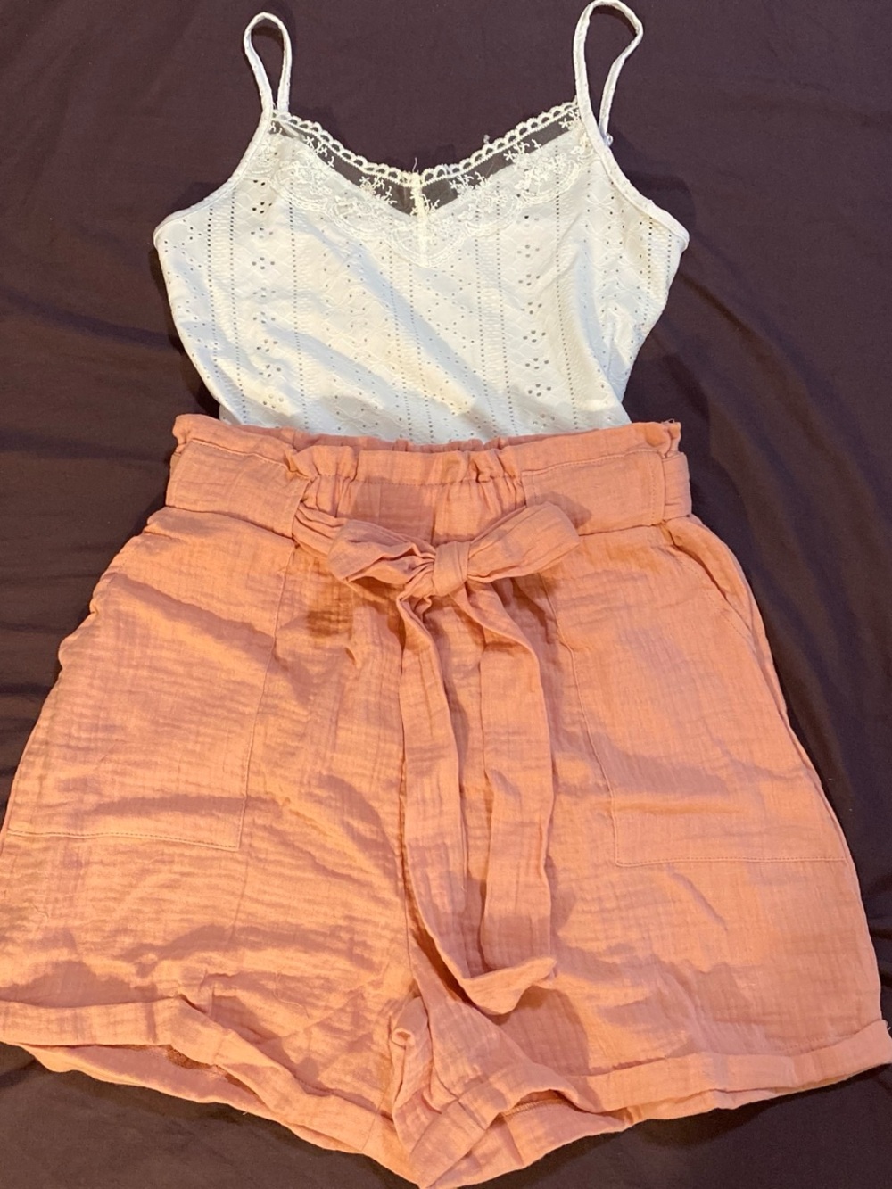 Women’s High-Waist Pink Shorts with Bow-Tie Belt and White Cotton Tank Top sizeM